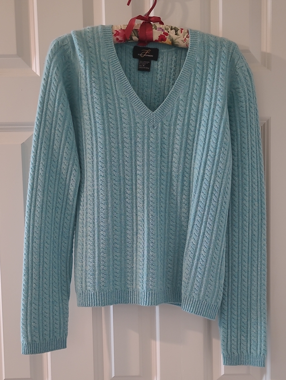 Timeless V-Neck Cable Sweater in Light Aqua by Jones New York